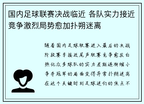 国内足球联赛决战临近 各队实力接近竞争激烈局势愈加扑朔迷离
