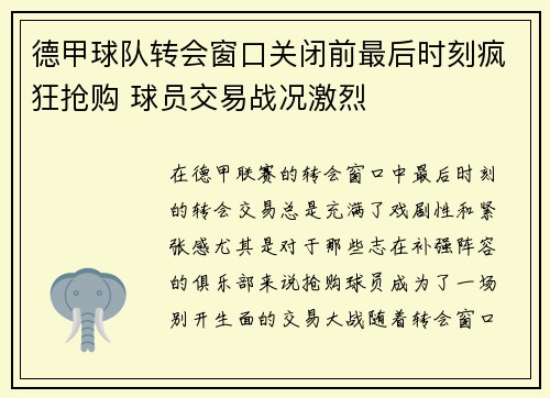 德甲球队转会窗口关闭前最后时刻疯狂抢购 球员交易战况激烈