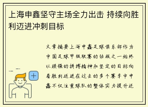 上海申鑫坚守主场全力出击 持续向胜利迈进冲刺目标