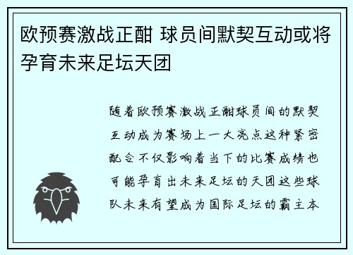 欧预赛激战正酣 球员间默契互动或将孕育未来足坛天团