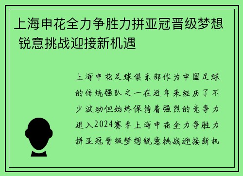 上海申花全力争胜力拼亚冠晋级梦想 锐意挑战迎接新机遇