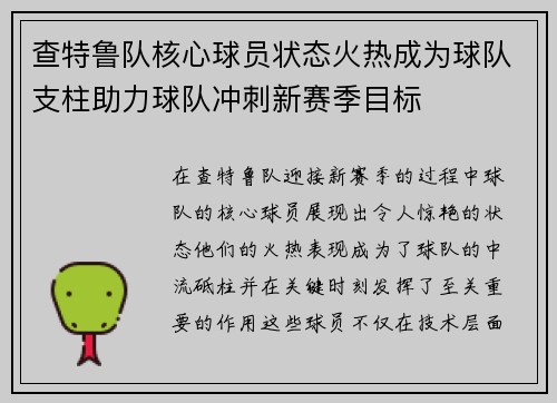 查特鲁队核心球员状态火热成为球队支柱助力球队冲刺新赛季目标