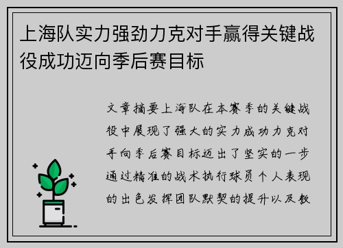 上海队实力强劲力克对手赢得关键战役成功迈向季后赛目标