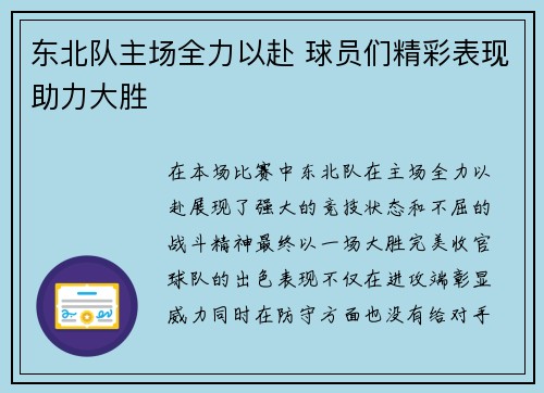 东北队主场全力以赴 球员们精彩表现助力大胜