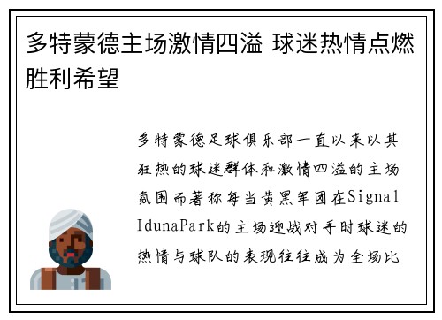 多特蒙德主场激情四溢 球迷热情点燃胜利希望
