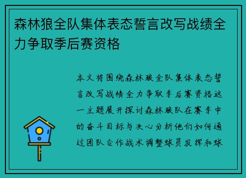 森林狼全队集体表态誓言改写战绩全力争取季后赛资格