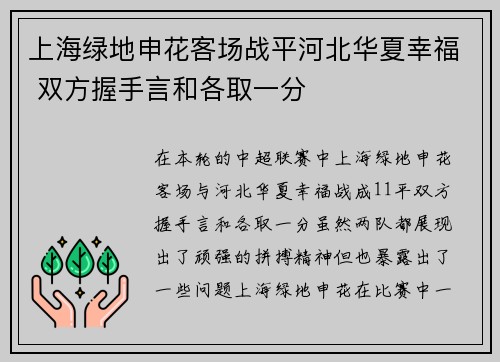 上海绿地申花客场战平河北华夏幸福 双方握手言和各取一分