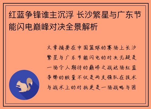 红蓝争锋谁主沉浮 长沙繁星与广东节能闪电巅峰对决全景解析