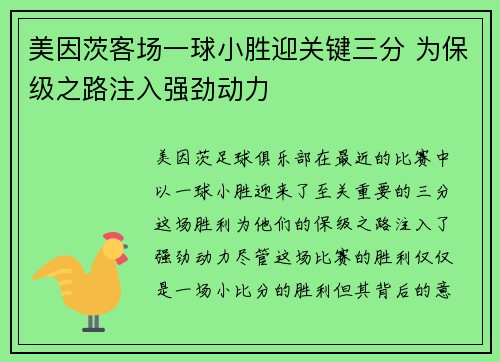 美因茨客场一球小胜迎关键三分 为保级之路注入强劲动力