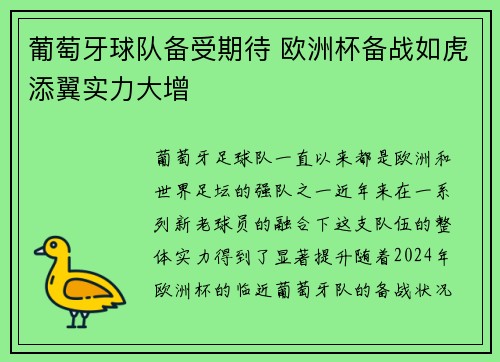 葡萄牙球队备受期待 欧洲杯备战如虎添翼实力大增