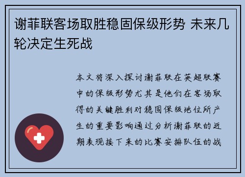 谢菲联客场取胜稳固保级形势 未来几轮决定生死战