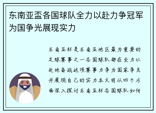东南亚盃各国球队全力以赴力争冠军为国争光展现实力