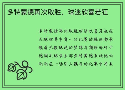 多特蒙德再次取胜，球迷欣喜若狂