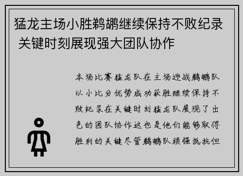 猛龙主场小胜鹈鹕继续保持不败纪录 关键时刻展现强大团队协作