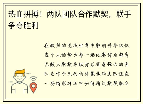 热血拼搏！两队团队合作默契，联手争夺胜利