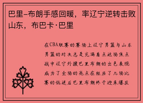 巴里-布朗手感回暖，率辽宁逆转击败山东，布巴卡·巴里