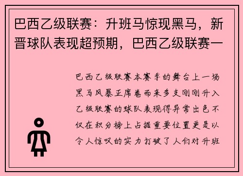 巴西乙级联赛：升班马惊现黑马，新晋球队表现超预期，巴西乙级联赛一共多少轮