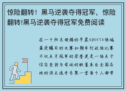 惊险翻转！黑马逆袭夺得冠军，惊险翻转!黑马逆袭夺得冠军免费阅读