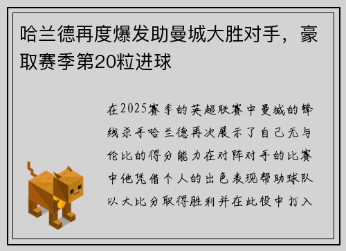 哈兰德再度爆发助曼城大胜对手，豪取赛季第20粒进球
