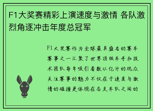 F1大奖赛精彩上演速度与激情 各队激烈角逐冲击年度总冠军