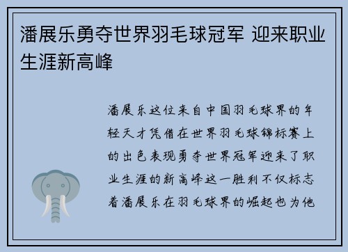 潘展乐勇夺世界羽毛球冠军 迎来职业生涯新高峰