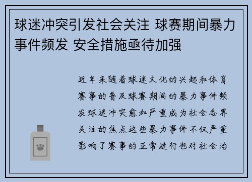 球迷冲突引发社会关注 球赛期间暴力事件频发 安全措施亟待加强