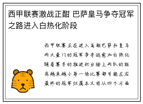 西甲联赛激战正酣 巴萨皇马争夺冠军之路进入白热化阶段
