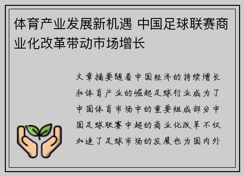 体育产业发展新机遇 中国足球联赛商业化改革带动市场增长